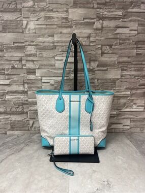 Michael Kors Eva Signature Logo Tote + Pouch & Wallet Rare Ocean Blue Vanilla